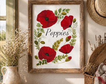 Dipinto Papaveri Acquerello Artigianale Digitale HD 300 DPI, Stampa Floreale Rosso Primavera, Arte Botanica per Casa Campagna e Salotto