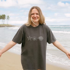 Comfort Colors® Seashells Embroidered Shirt, Boho Seashell T-Shirt, Summer Beach Shirt, Ocean Aesthetic Tee , Coastal Vibes Graphic Shirt