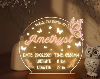 Personalized Baby Girl Birth Announcement LED Night Light, Custom Newborn Name Sign with Date, Weight & Time, Nursery Decor for Girls