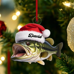 Custom Name Bass Fish Xmas Acrylic Ornament – Custom Name Christmas Tree Decoration, Gift for Fishing Lover