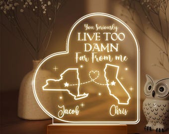 Personalized You Seriously Live Too Damn Far From Me Led Night Light, Custom State Map Gift, Long Distance Friend Light