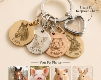 Custom Pet Portrait Keychain With Heart Fur Keepsake Charm, Unique Pet Lover Gift, Personalized Dog Cat Birthday Gift
