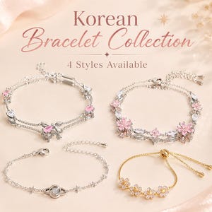 以下が含まれることがあります： Korean Bracelet Collection, 4 Styles Availableの4つのブレスレット。リボンとピンクの石が付いたシルバーブレスレット、ピンクの花のチャーム付き、星と中央のオーブ付き、そして花のチャームが付いたゴールドのチェーンブレスレット。