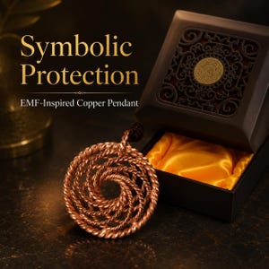 May include: A circular copper pendant made of twisted wire coils, positioned next to an open dark brown box with a gold satin lining. The text on the image reads Symbolic Protection and EMF-Inspired Copper Pendant in gold lettering.