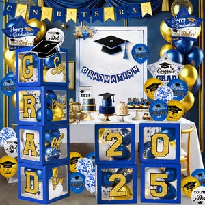 Abschlussdekorationen Klasse von 2025 - Blaue und goldene Abschlussdekorationen - Luftballons und Boxen mit Buchstaben 2025 GRAD