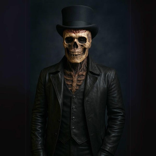 Máscara de calavera de esqueleto con abrigo y chaleco de cuero negro. Disfraz de máscara de terror de látex realista para Halloween, caballero gótico, cosplay de no-muerto.