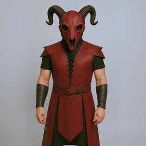 Red Demon Ram Skull Mask & Leather Warrior Coat Set | Horned Halloween Costume for Cosplay, LARP, Ritual, Fantasy, Dark Cult Outfit