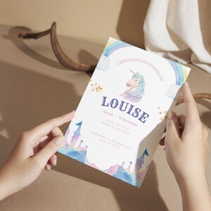 Invitation Anniversaire Thème Licorne et Arc-en-Ciel - Modèle Canva à Personnaliser | Invitation Fille | Carte d'Invitation à Imprimer