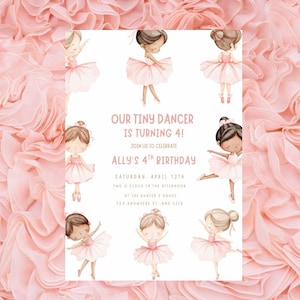 May include: A pink and white invitation card featuring watercolor illustrations of ballerinas in pink tutus. The text reads "OUR TINY DANCER IS TURNING 4! ALLY'S 4TH BIRTHDAY" with event details. The background is a soft pink, ruffled fabric.