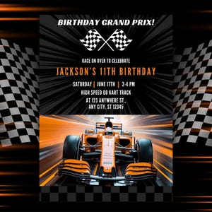 Puede incluir: Invitación de cumpleaños naranja y negra con temática de carreras de coches. El texto dice "BIRTHDAY GRAND PRIX!" y "JACKSON'S 11TH BIRTHDAY". Incluye fecha, hora y lugar para una pista de karts de alta velocidad.