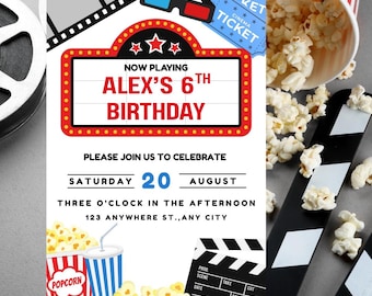 May include: A cinema-themed birthday invitation featuring popcorn, a film reel, and a clapperboard. The invitation says "Alex's 6th Birthday" with the date and time. A popcorn bucket is spilling popcorn.