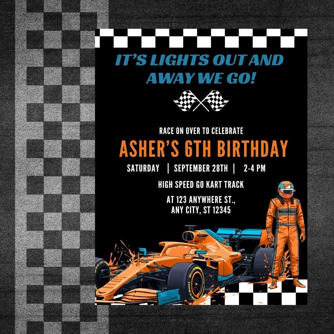 Mclaren F1 Birthday Invitation: Orange Race Car Party (digital Download ...