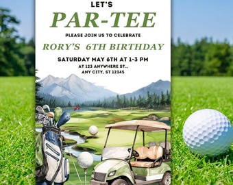 Op de afbeelding: Een verjaardagsuitnodiging met een golfthema, met de tekst "LET'S PAR-TEE" en details voor Rory's 6e verjaardag. Het ontwerp bevat een golfbaanillustratie, een golfkar, golfballen en een golftas.