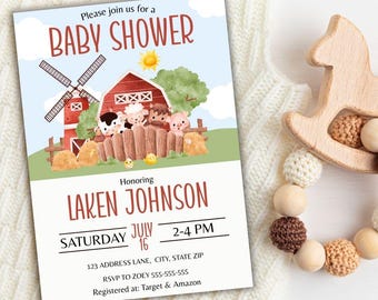 Farm Baby Shower Invitation: Barnyard Animals, Red Barn (Digital Download)