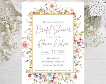 Elegante invito floreale per la festa della sposa: modello modificabile (download digitale)