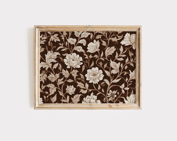 Vintage Floral Block Print Pattern | Seamless Brown & Ivory Botanical Wall Art | Retro Printable Wallpaper Design, Digital Download
