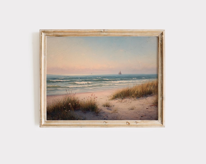 Summer Coastal Landscape Print – Vintage Beach Painting with Sailboats, Ocean Waves & Dune Grass, Nautical Wall Art Digital Download
