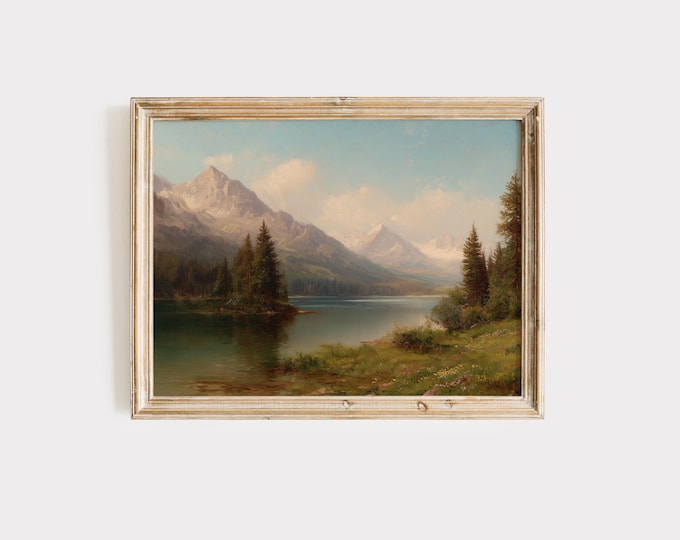 Vintage Mountain Lake Landscape – 19th Century Style Alpine Painting, Rustic Nature Wall Art, Snow-Capped Peaks, Digital Download