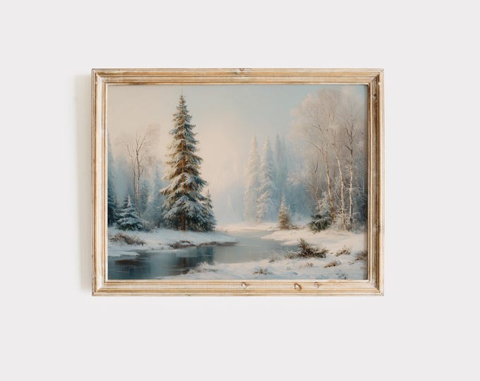 Winter Forest Landscape | Snowy River Scene Vintage Oil Painting Style | Serene Nature Wall Art Printable | Digital Download