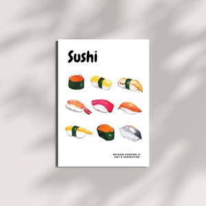 Sushi Poster Kunstdruck, Buntes japanisches Nigiri, Maki Illustration, A4 Aquarell & Glattes Papier Küche Wanddekoration Geschenk