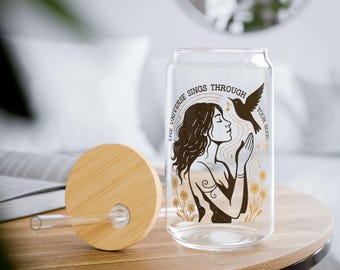 The Universe Sings Through Your Soul Glass Mug, Spiritual Iced Coffee Cup, Boho Cosmic Gift for Her, Soul Quote Tumbler with Lid & Straw