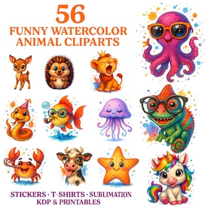 56 Funny Watercolor Animal Cliparts – Cute Cartoon PNGs for Stickers, T-Shirts, Sublimation, KDP & Printables