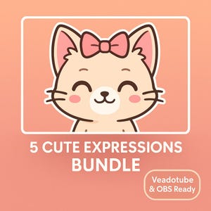 Avatar de gato kawaii PNGTuber: 5 expresiones adorables, listo para Veadotube y OBS, descarga digital Chibi Streaming PNG