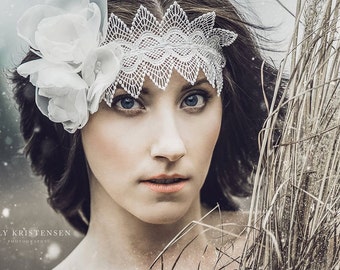 Lace Boho Bride -- Lace and Flower Wedding Head Sash, Boho, Lace Boho, Swarovski Crystals, Boho Bride, Bohemian Headpiece