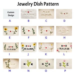 May include: A collection of small, rectangular jewelry dishes with various designs. Each dish features initials, dates, and decorative elements like flowers and leaves. The text "Jewelry Dish Pattern" is at the top, and "Custom Design" is on one dish.