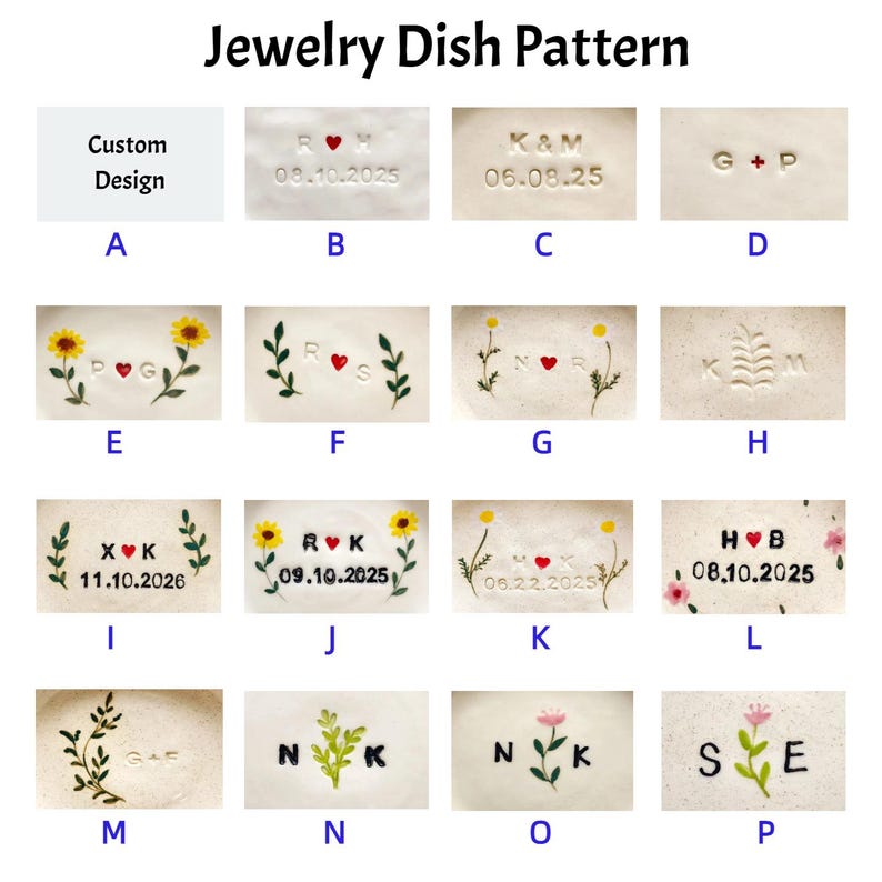 May include: A collection of small, rectangular jewelry dishes with various designs. Each dish features initials, dates, and decorative elements like flowers and leaves. The text "Jewelry Dish Pattern" is at the top, and "Custom Design" is on one dish.