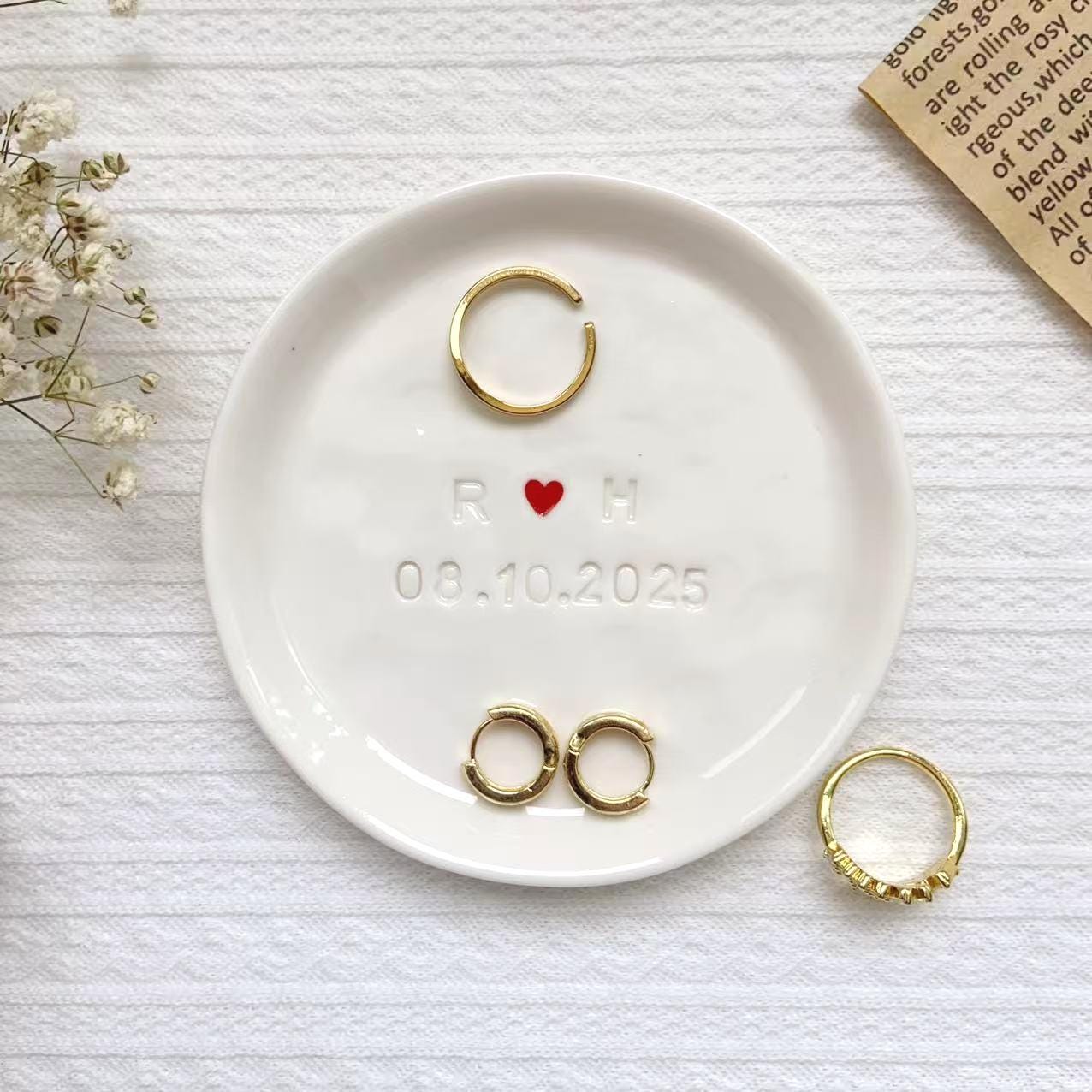 HOME SMILE Ceramic Ring Dish - Square Jewelry Tray With Gold Trim, Gift For Mom, Sister, Friends