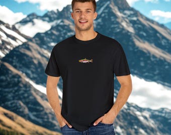 Regnbågsforell broderad skjorta, fiske-t-shirt present, öringfisk-t-shirt, broderad skjorta för friluftsmänniskor, fiskepresentidé, enkel fisk-t-shirt