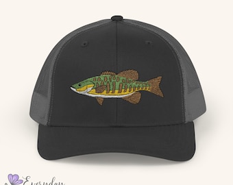 Embroidered Bass Fish Hat, Bass Fishing Hat, Fishing Gift for Him, Snapback Trucker Hat, Outdoorsy Hat, Fathers Day Gift, Cool Fishing Gift