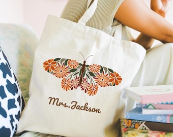 Custom Butterfly Tote with Floral Wings, Hand Drawn Butterfly Art, Personalized Canvas Bag, Boho Gift Idea, Butterfly Gift, Fun Gift for Her
