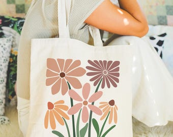 Autumn Flower Tote Bag, Fall Floral Canvas Tote, Earth Tone Daisy Bag, Tote Bag for Fall, Gift for Her, Cozy Aesthetic Shopping Bag