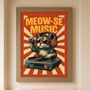 May include: A framed poster featuring a cat DJ wearing sunglasses and headphones, with the text "MEOW-SE MUSIC". The cat is positioned behind a turntable, set against a red and cream striped background.