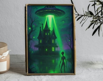 Haunted House Alien UFO Poster: Gothic Halloween Sci-Fi Art (Digital Download)