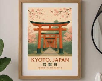 May include: A framed art print featuring a pathway of orange torii gates in Kyoto, Japan, under a peach-colored sky with cherry blossoms. The print includes the text "KYOTO, JAPAN" and coordinates. The artwork is displayed in a bathroom setting.