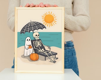 Impresión divertida de Halloween en la playa: Arte veraniego espeluznante de esqueletos y fantasmas (descarga digital)
