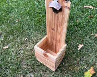 Handmade Cedar Bottle Opener with Cap Catcher, Wall Mountable
