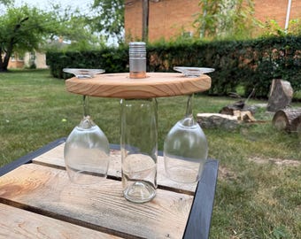 Wine Bottle Glass Holder – Handmade Wooden Wine Caddy for 2 Glasses