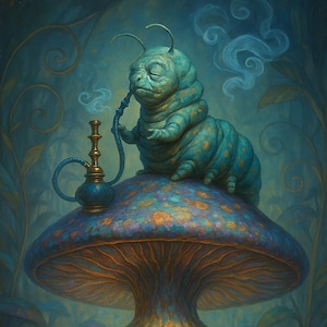 The Mushroom & The Caterpillar  – Alice’s Adventures in Wonderland Surreal Art Print – Psychedelic Fantasy Illustration – Dreamcore Wall Dec