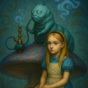 Alice and the Caterpillar – Surreal Wonderland Art Print, Fantasy Mushroom Scene, Dreamy Fairy Tale Wall Decor