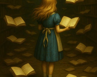 May include: An illustration of a person in a blue dress standing in a library, surrounded by floating open books. The person holds a book, with long blonde hair. The background is a dark green with bookshelves.