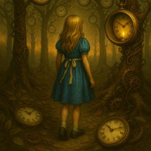May include: A surreal illustration of a young person in a blue dress in a forest. The trees are adorned with clocks, and more clocks are on the ground. The artwork evokes a sense of time and fantasy, with a golden hue.