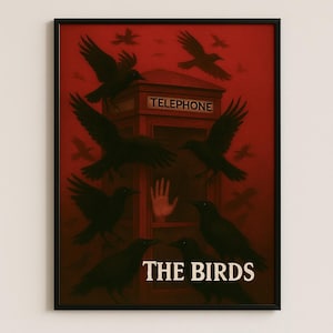 Póster de Los Pájaros – Arte mural de película de terror vintage – Impresión de 40 x 50 cm – Inspirado en Alfred Hitchcock – Decoración minimalista de películas de suspense