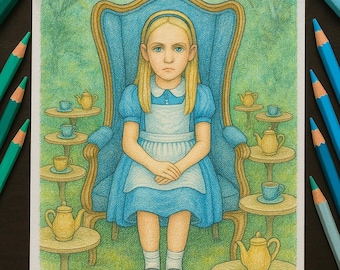 Página para colorir da Festa do Chá Maluca no País das Maravilhas – Alice Fantasia para Imprimir – DreamCut Wonderland Art – PDF 8,5x11”