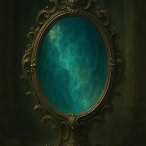 Peut inclure: Miroir ovale de style antique avec un cadre doré orné. La surface du miroir reflète une lueur éthérée tourbillonnante de couleur turquoise. Le cadre présente des volutes complexes et un visage sculpté en haut, sur fond sombre et sombre.