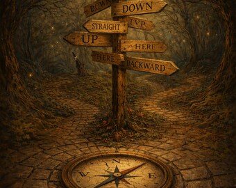 May include: A wooden signpost with multiple directional arrows in a forest setting. The arrows point in various directions, including "This Way," "That," "Down," "Straight," "Up," "Here," and "Backward." A compass is embedded in the cobblestone path.