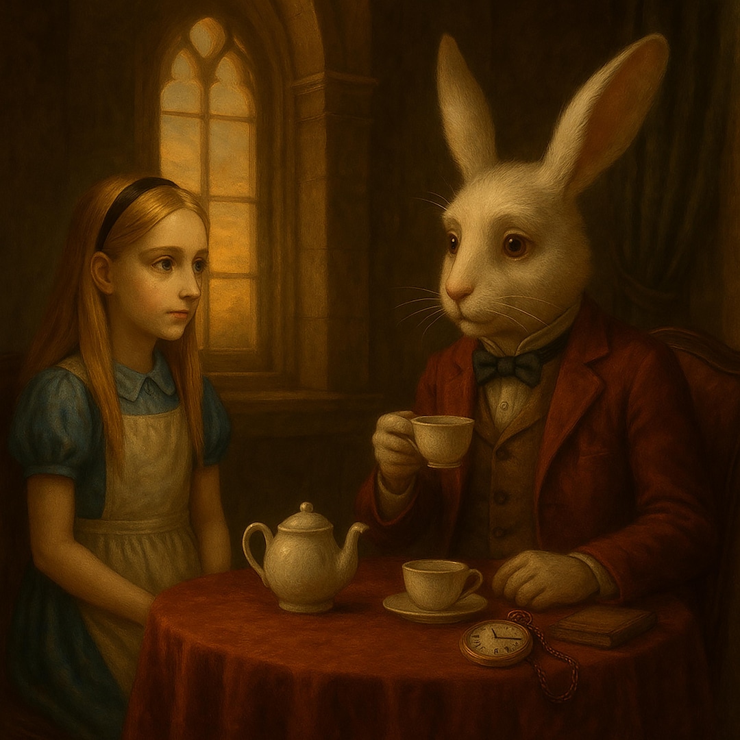 White Rabbit Tea Rooms Alice and the White Rabbit Having Tea – Cinematic Wonderland Art Print ...